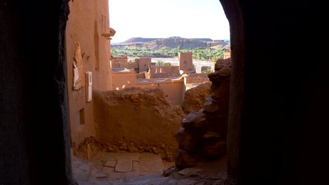 Clay houses in Ait-Ben-Haddou, Morocco. Gimbal stabilized tracking shot.