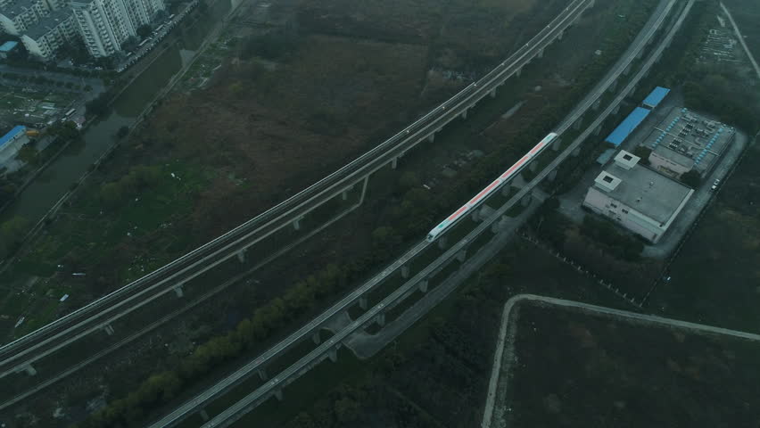 Aerial view of Shanghai Maglev train moving fast on the track