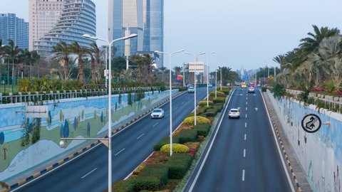 Xiamen, China - Jan 1, 2018: Timelapse, Car Traffic, Xiamen International Convention and Exhibition Center, China