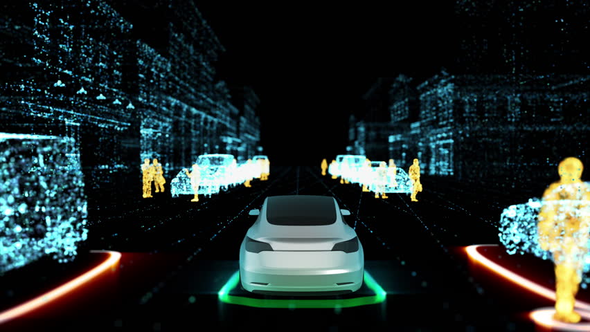 4K animation, 3D representation, New technology that involves driverless car and lidar radar mapping the environment. Laser light pulses to scan the environment, as opposed to radio or sound waves.