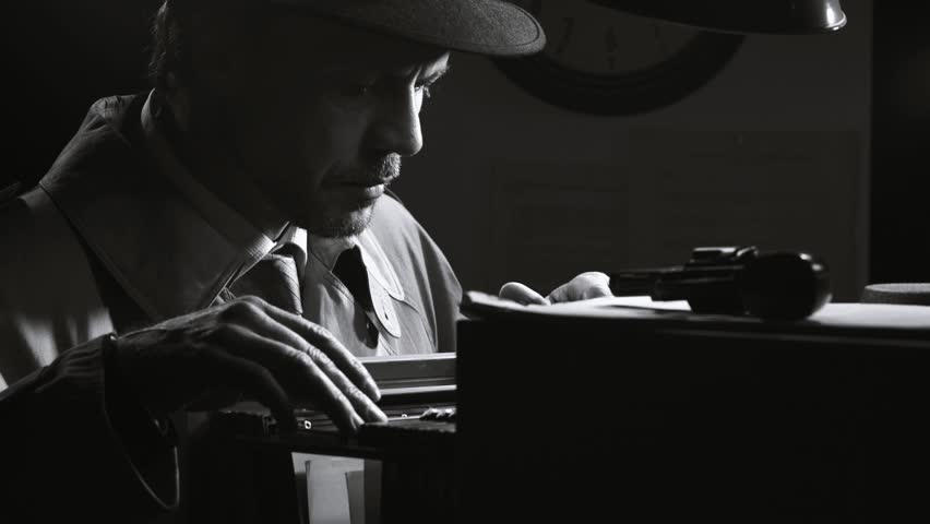 Investigator spy searching confidential files in the filing cabinet at night, retro noir film character