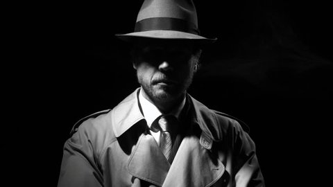 Confident noir film spy with trench coat and fedora hat in the dark, he is stepping forward and crossing arms