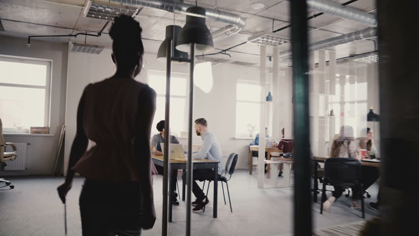 Camera follows African American woman boss enter office, give directions to workers. Multiethnic group teamwork 4K. | Shutterstock HD Video #1009709834