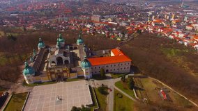 Drone flight over The Chapel on Svata Hora (Holy Mountain). Oldest and most important Marian place of pilgrimage in the Central Europe. Early Renaissance Landmark near Pribram in Czech Republic. 