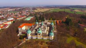 Drone flight over The Chapel on Svata Hora (Holy Mountain). Oldest and most important Marian place of pilgrimage in the Central Europe. Early Renaissance Landmark near Pribram in Czech Republic. 