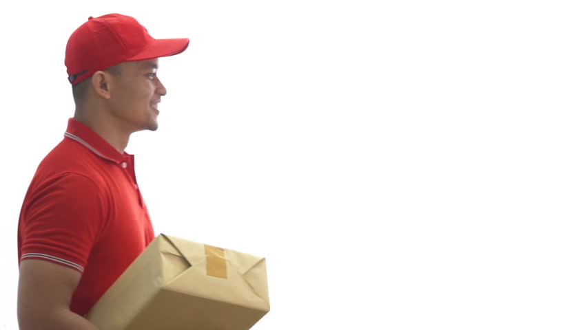 close up footage of delivery man walking by while carrying parcel boxes islated on white background