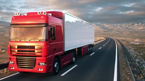 A semi truck passes the camera driving on a highway into the sunset, camera moves from low angle front-view upwards to high angle view as the truck passes. Realistic high quality 3d animation.
