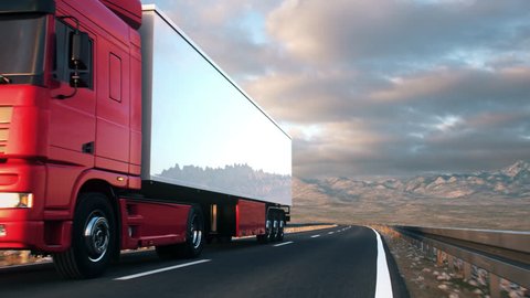 Front-view camera follows a semi truck driving on a highway into the sunset. Realistic high quality 3d animation.
