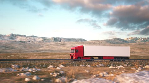 Side-view camera follows a semi truck driving on a highway into the sunset. Realistic high quality 3d animation.
