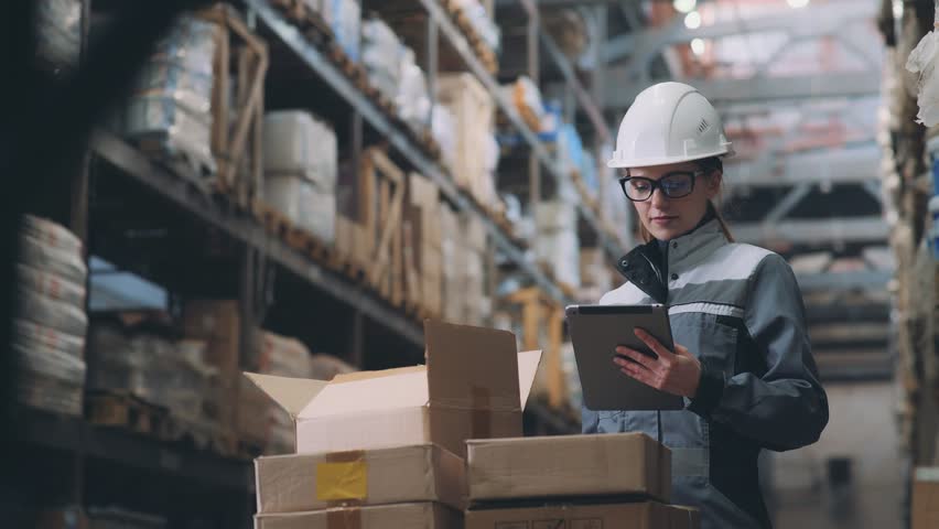 A woman in a warehouse in a white helmet and gray uniform opens a cardboard box, looks at the goods and makes an inventory. Merchandiser recounts the item in the box and makes notes on the tablet. Royalty-Free Stock Footage #1009730477