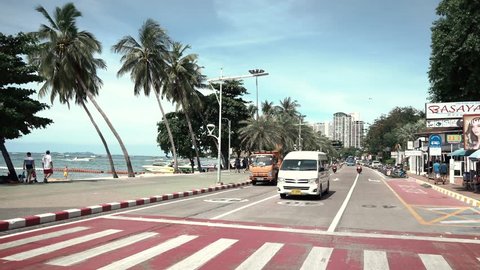 Thailand, February 2018, Pattaya, famous tourist and sex city, camera car on the beach road on a beautiful sunny day