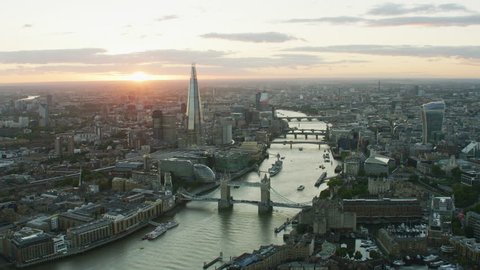 London UK - November 2017: Aerial view sunset over City of London skyline River Thames Tower Bridge The Shard Walkie Talkie England UK RED WEAPON