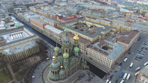 Flight over St. Petersburg. Aerial flight over Saint Petersburg center downtown. View of sightseeing from above. Unique footage. Roofs of St. Petersburg. Savior on Spilled Blood.