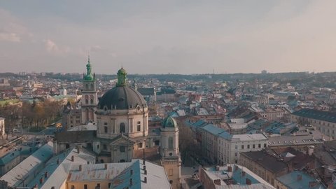 LVOV, UKRAINE. Panorama of the ancient city. The roofs of old buildings. Ukraine Lviv City Council, Dominican Church, Town Hall, the tower. Streets Arial.