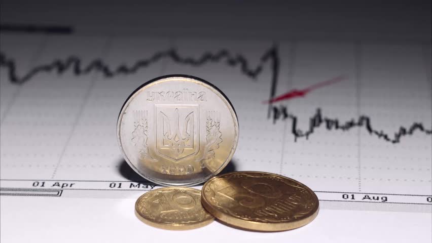 Coins of Ukraine, candlestick chart, financial crisis.