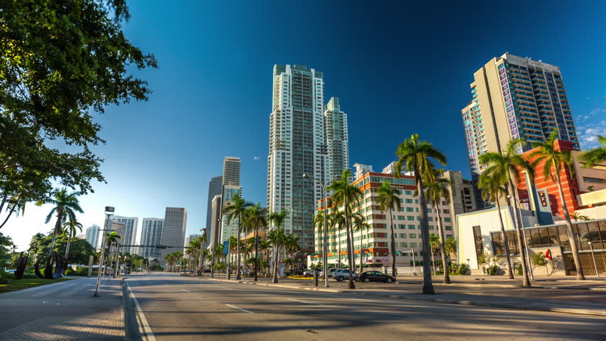 Morning sun Hyperlapse of Biscayne boulvard with traffic jam, Miami. Florida, USA