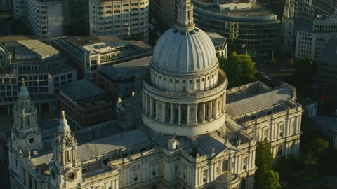 Aerial view at sunrise St Pauls Cathedral Anglican Church Ludgate Hill London England United Kingdom RED WEAPON
