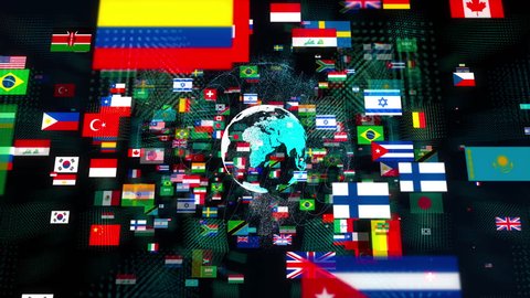 Nation flags in cyberspace. International network concept.