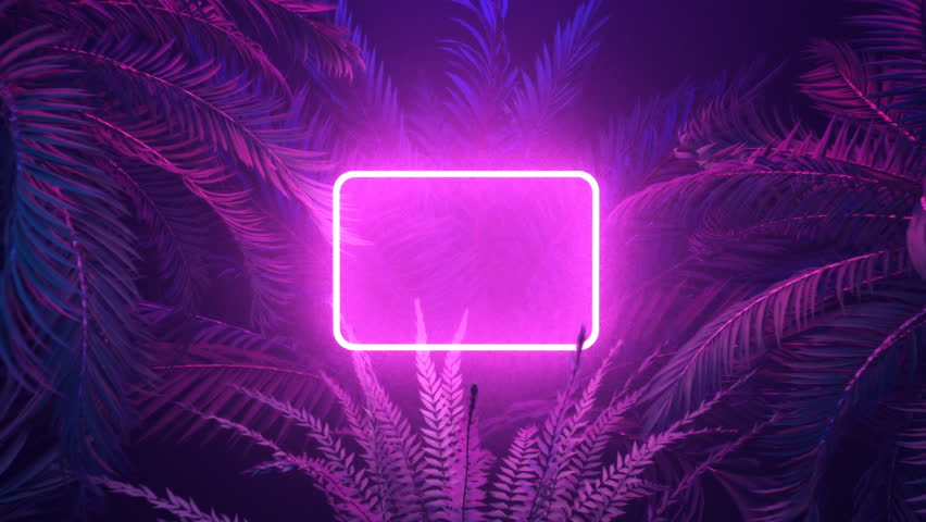 Neon glowing rectangle frame appears in the tropical forest at windy night, illuminates palm trees with trendy aesthetic violet light. 3D render animation with a space for custom text placement.