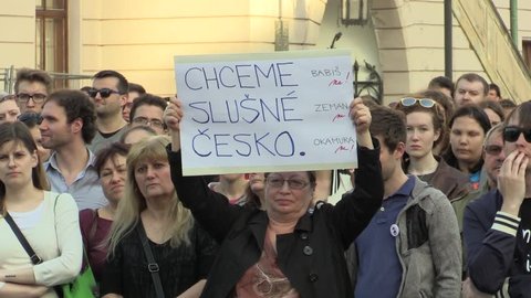 OLOMOUC, CZECH REPUBLIC, APRIL 9, 2018: Demonstration of people crowd against the Prime Minister Andrej Babis and president Milos Zeman, a banner with we want a decently Czech Republic