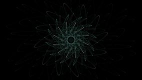 Seamless video of multicolor particles form abstract symmetrical concentric patterns on black background