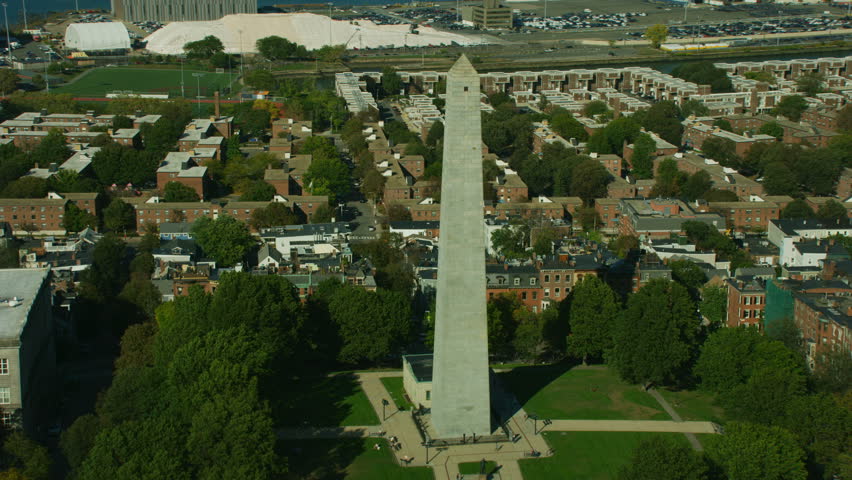 Aerial view of Bunker Hill Monument Obelisk an historical Tower built to represent an historical battle and made from granite stone Boston Massachusetts