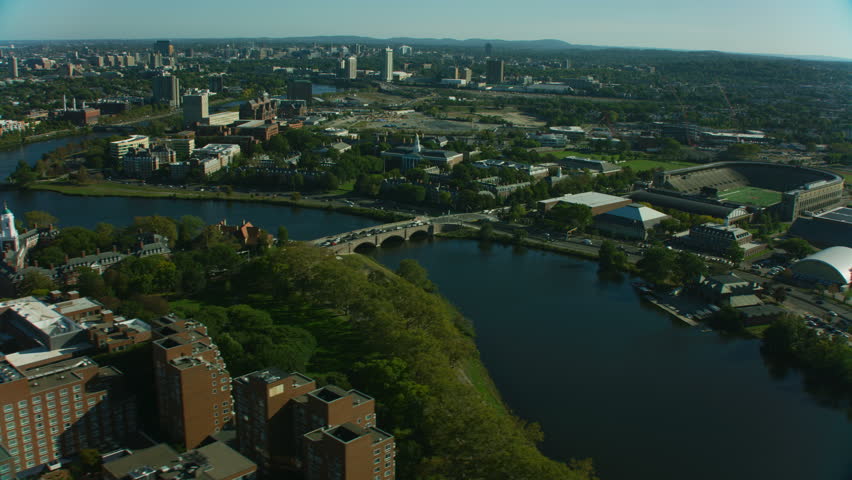 Aerial view of historic Boston Harvard University buildings by the Charles river in the district of Cambridge Massachusetts USA