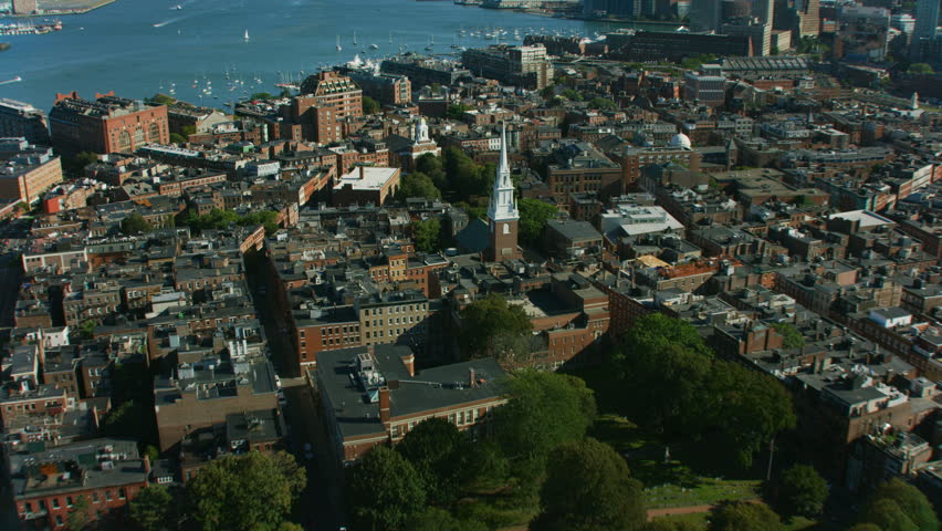 Aerial overhead view of the historic religious building of Old North Church and Tower Spire Colonial Boston Massachusetts USA