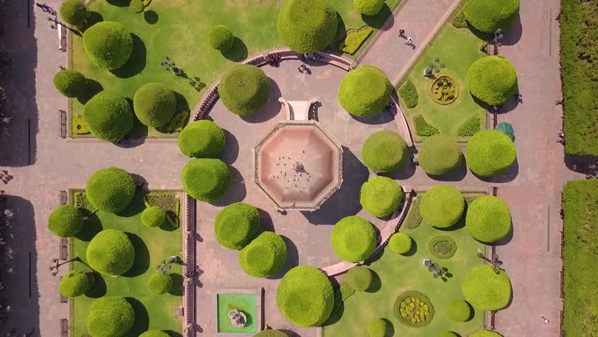 Overflight of the Main Square in the center of Leon full of trees very well pruned forming beautiful figures
