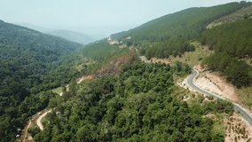 Top view. Aerial view road pass and forest from drone. Royalty high-quality free stock video footage of road in forest. Road in forest is beautiful with many tree, road on pass very winding and curve