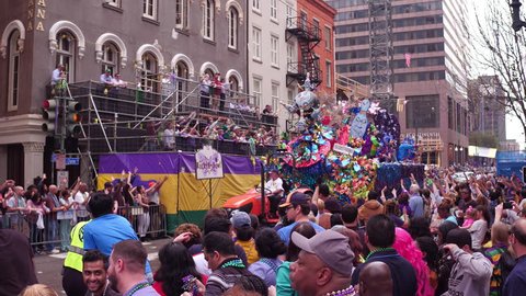NEW ORLEANS, LOUISIANA - FEBRUARY 9: Let's Rock-N-Bowl float in Mid City Parade in New Orleans, Louisiana, February 9, 2018.
