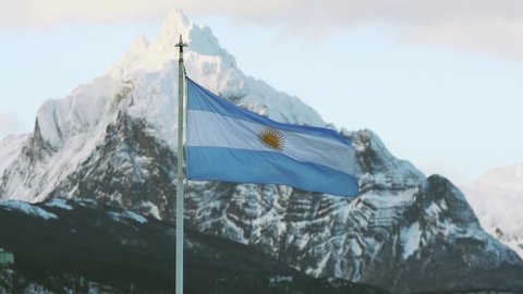 Flag of Argentina and Mount Olivia, Ushuaia, Tierra del Fuego Province, Argentina, South America. Zoom Out. 