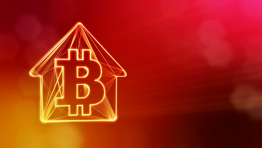 Sign of logo bitcoin inside the emblem of the house. Financial background made of glow particles as vitrtual hologram. Shiny 3D loop animation with depth of field, bokeh and copy space. Red V3