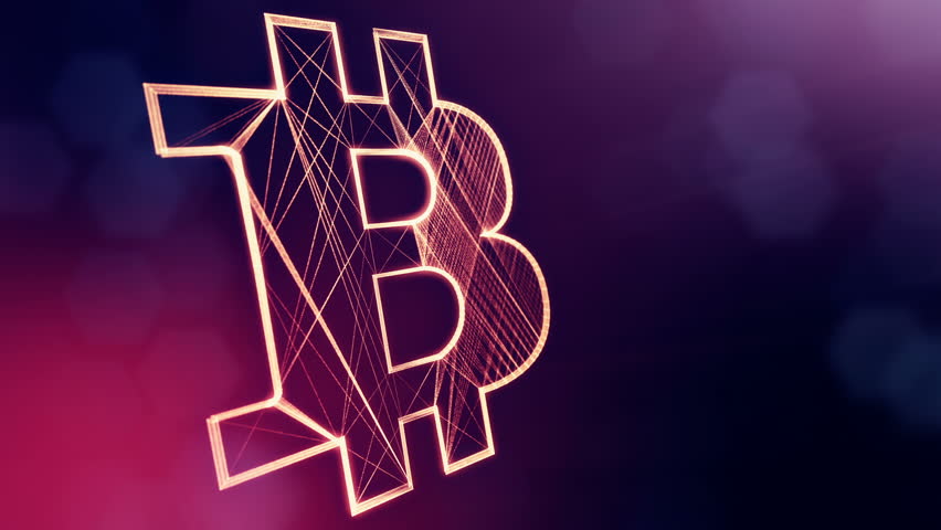 Sign of bitcoin logo. Financial background made of glow particles as vitrtual hologram. Shiny 3D loop animation with depth of field, bokeh and copy space. Violet color V3