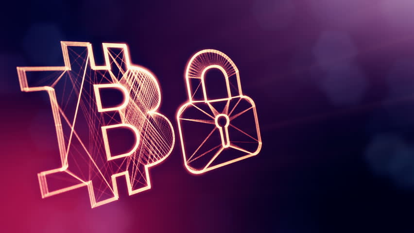 Bitcoin logo logo and emblem of lock. Financial background made of glow particles as vitrtual hologram. Shiny 3D loop animation with depth of field, bokeh and copy space. Violet color V3