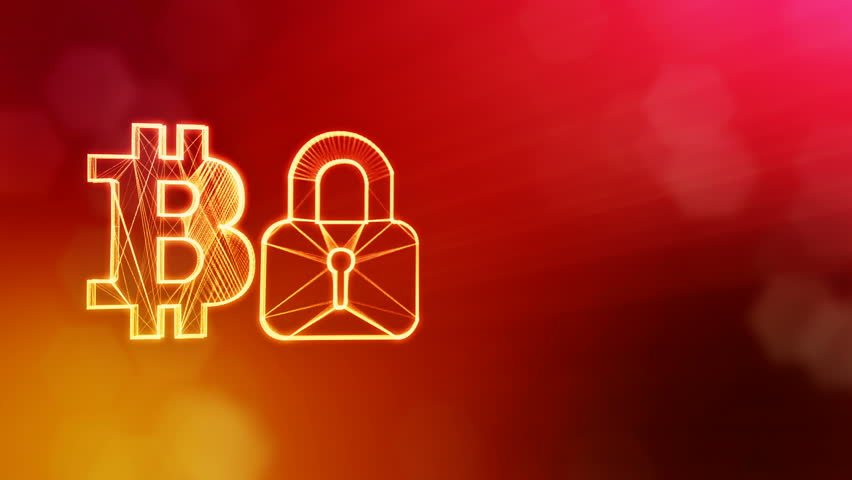 Bitcoin logo logo and emblem of lock. Financial background made of glow particles as vitrtual hologram. Shiny 3D loop animation with depth of field, bokeh and copy space. Red V3