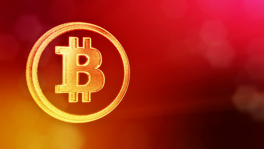 bitcoin logo on a coin of particles. Financial background made of glow particles as vitrtual hologram. Shiny 3D loop animation with depth of field, bokeh and copy space. Red V3.