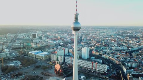 Berlin, Germany. Aerial shot of TV Tower on Alexanderplatz 
