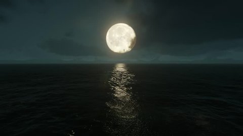 Moonlight path with low moon above sea.
Full moon above water with clouds. 3d rendering.