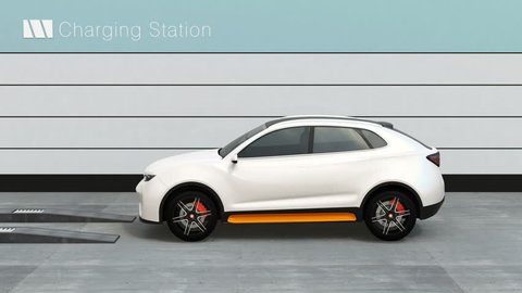 Electric SUV car exchange battery in battery swapping station. Fast battery exchange solution.  3D rendering animation.