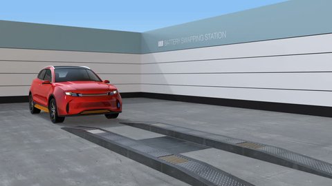 Electric SUV car exchange battery in battery swapping station. Fast battery exchange solution.  3D rendering animation.