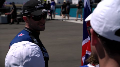 HAMILTON, BERMUDA – JUNE 26: New Zealand supporters talk with sailor during America’s Cup finals on June 26, 2017 in Hamilton, Bermuda