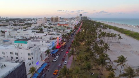 Aerial traffic Ocean Drive South Beach Florida 4k