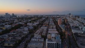 Aerial twilight aircraft departing Miami Beach simulation 4k