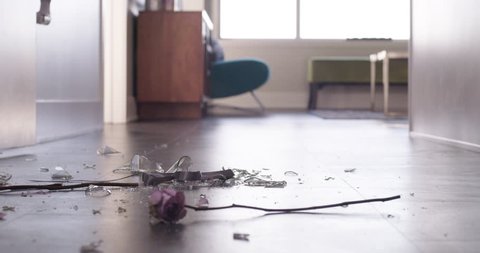 Flower and Vase break on floor heart broken divorce metaphor 