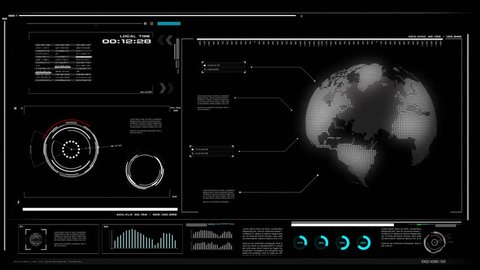 4K UI User Interface with HUD pi bar text box table black background for cyber technology and futuristic concept with grain processed