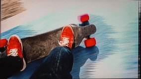a man's feet on an electric skateboard as it moves along the ground. this version has intentional overlayed video distortion and glitch effects
