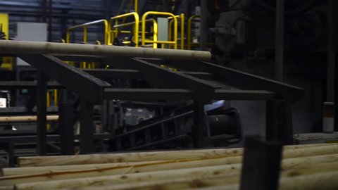 Logs moving along conveyor belt after processing