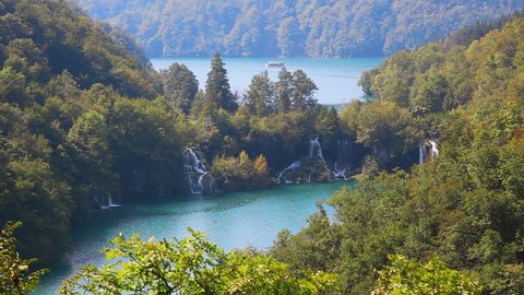 Amazing view on turquoise water. Location famous resort Plitvice Lakes National Park, Croatia, Europe. Scenic footage of popular tourist attraction. Discover the beauty of earth. Full HD 1080p video.