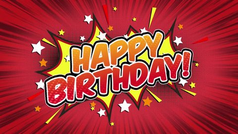 Happy Birthday Word Retro Cartoon Comic Bubbles Popup Style Expressions Colored Bomb and Smoke Strip Dotted and red Speed Radial line Seamless loop Animation black/green screen 4k doodle background 15